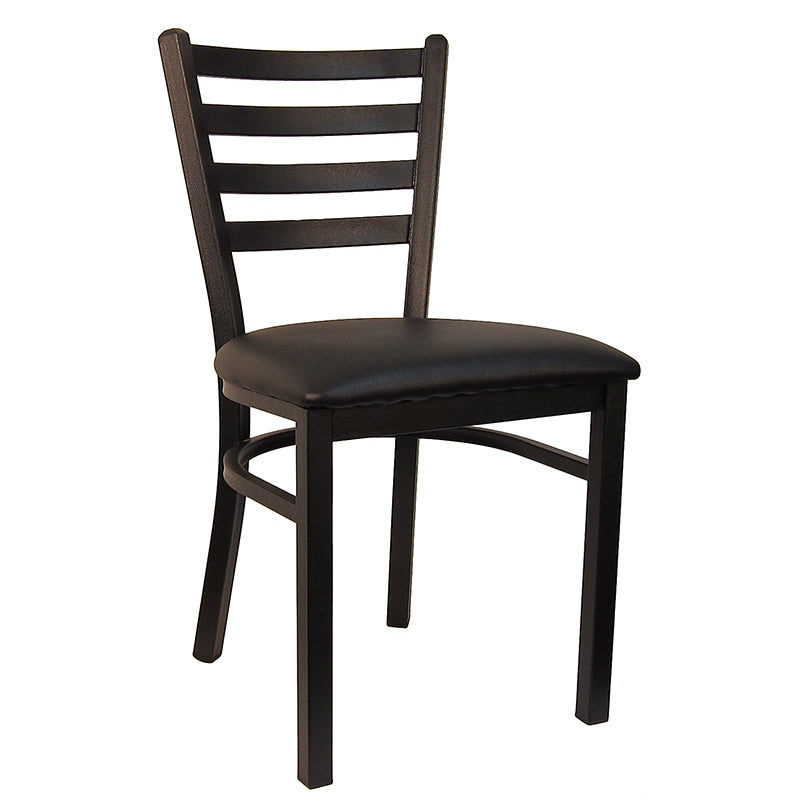 Ladder Back Metal Chair w/ Black Frame & Black Vinyl Cushion. Please see seat options.