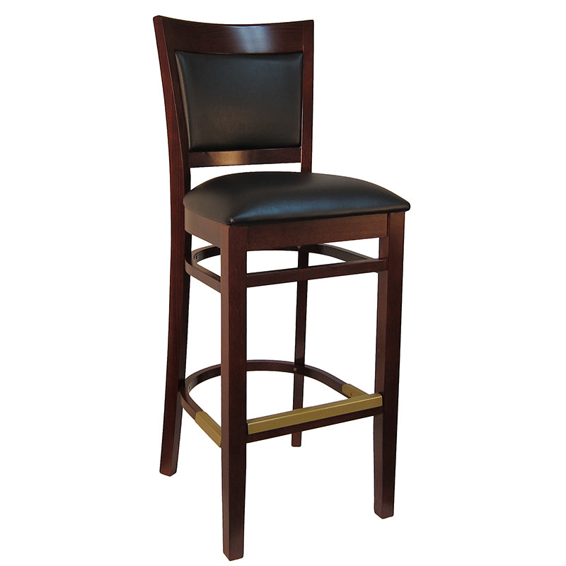 Dark Walnut Wood Barstool w/ Black Vinyl Seat & Back Cushion